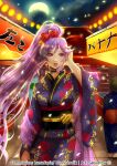  1girl choker earrings fire_emblem fire_emblem:_genealogy_of_the_holy_war flower hair_flower hair_ornament highres ishtar_(fire_emblem) japanese_clothes jewelry kimono long_hair moon necklace purple_hair red_flower red_rose rose skudblossom violet_eyes 