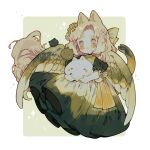  1girl animal animal_ears blonde_hair blunt_bangs blush blush_stickers border bow cat cat_ears cat_tail chibi commission dress english_commentary eyelashes eyeshadow feathered_wings gradient_dress green_background green_dress grey_eyes highres holding holding_animal holding_cat kitten littlebluemuffin long_dress long_hair makeup open_mouth orange_bow orange_eyeshadow original parted_bangs puffy_short_sleeves puffy_sleeves ribbon short_sleeves sleeve_ribbon smile sparkle striped striped_bow tail vertical-striped_bow vertical_stripes very_long_hair waist_bow white_border wings yellow_ribbon 