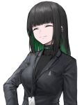  1girl absurdres allmind_(armored_core_6) armored_core armored_core_6 black_hair black_suit colored_inner_hair earpiece green_hair highres jsli48763 lanyard long_hair multicolored_hair personification smile solo suit white_background 