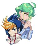  1boy 1girl blonde_hair blue_eyes blue_hair choker earrings green_hair ima_kinoko interlocked_fingers jacket jewelry long_sleeves multicolored_hair own_hands_together rin_(yu-gi-oh!) short_hair two-tone_hair upper_body white_background yu-gi-oh! yu-gi-oh!_arc-v yuugo_(yu-gi-oh!) 