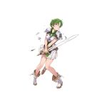  1girl armor breastplate broken_armor clenched_teeth damaged dress earrings fee_(fire_emblem) fire_emblem fire_emblem:_genealogy_of_the_holy_war fire_emblem_heroes full_body green_dress headband hoop_earrings jewelry official_art one_eye_closed short_hair solo sword teeth v-shaped_eyebrows very_short_hair weapon white_background white_footwear white_headband 