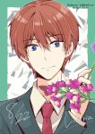  1boy banjou_azusa blue_eyes brown_hair flower holding holding_flower koisuru_(otome)_no_tsukurikata light_smile midou_kenshirou necktie pink_flower suit 