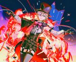  black_gloves bow bowtie cowboy_shot dutch_angle explosive genshin_impact gloves grey_hair hat highres ichigawa_(lethe) lyney_(genshin_impact) red_bow red_bowtie shorts smile top_hat violet_eyes 