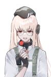  1girl beret black_headwear blonde_hair candy commentary_request food girls_frontline glasses hand_up harafrontline hat highres holding holding_candy holding_food holding_lollipop korean_commentary lollipop long_hair looking_at_viewer open_mouth saliva saliva_trail shirt simple_background solo tongue tongue_out type_80_(girls&#039;_frontline) upper_body very_long_hair white_background white_shirt 