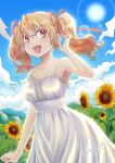  1girl blonde_hair blue_sky breasts clouds collarbone commentary_request dress earrings flower flower_earrings hair_ribbon jewelry kimura_pikoriino medium_breasts mountain open_mouth original red_eyes ribbon sky smile solo sun sundress sunflower twintails twitter_username white_dress 