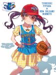 1girl air_jordan ball bang_dream! basketball_(object) black_hair blush brown_eyes character_name collarbone copyright_name dress earrings floating_hair futaba_tsukushi grey_socks head-tilt highres holding holding_ball jewelry long_hair looking_at_viewer national_basketball_association necklace new_orleans_hornets plaid plaid_dress red_headwear shadow shoes simple_background smile sneakers socks solo twintails v-shaped_eyebrows white_background white_footwear yazawa_happyaro yellow_dress