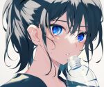  1girl achiki black_hair blue_eyes blush bottle commentary crossed_bangs flying_sweatdrops hair_between_eyes holding holding_bottle looking_at_viewer medium_hair original parted_lips ponytail portrait sidelocks simple_background solo symbol-only_commentary upper_body white_background 