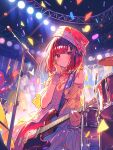  1girl arima_kana blush bob_cut closed_mouth dress guitar happy hat idol idol_clothes instrument inverted_bob microphone on_takamail oshi_no_ko red_eyes redhead short_hair smile solo stage stage_lights 