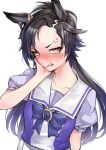  1girl air_shakur_(umamusume) anger_vein animal_ears black_hair blue_bow blush bow brown_eyes clenched_teeth commentary_request dodome_(yprs2887) eyebrow_piercing forehead hand_up horse_ears long_hair looking_at_viewer nose_blush piercing pleated_skirt puffy_short_sleeves puffy_sleeves purple_shirt shirt short_sleeves simple_background skirt solo teeth umamusume very_long_hair white_background white_skirt 