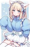  1girl absurdres animal_ears apron blonde_hair blue_background blue_bow blue_eyes blue_track_suit blush border bow cat_ears cat_girl cat_tail extra_eyes garter_straps highres jacket jersey_maid maid maid_headdress original paw_print sleeves_past_fingers sleeves_past_wrists tail thick_thighs thigh-highs thighs track_jacket track_suit unconventional_maid white_apron white_border white_headwear white_thighhighs yukki_0125 