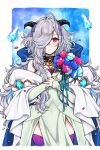  1girl black_horns blue_flower blue_rose bouquet closed_mouth commentary dress eitr_(fire_emblem) expressionless fire_emblem fire_emblem_heroes flower goat_horns green_dress grey_hair hair_over_one_eye highres holding holding_bouquet horns long_hair looking_at_viewer misato_hao one_eye_covered pelvic_curtain petals purple_flower purple_rose purple_thighhighs red_eyes rose signature solo thigh-highs very_long_hair wavy_hair 