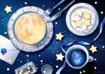  absurdres artist_name blue_ribbon blue_theme bottle cookie cup envelope food food_focus fork highres hitoba knife moon mug no_humans original plate ribbon sky star_(sky) star_(symbol) starry_background starry_sky still_life wax_seal 