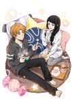  1boy 1girl bad_source barefoot black_eyes black_hair black_pants brother_and_sister bungou_stray_dogs candy carpet chips_(food) cup fingernails food holding holding_cup long_sleeves mole mole_under_eye official_art orange_hair pajamas pants pillow siblings smile star_(symbol) star_pillow tanizaki_junichirou_(bungou_stray_dogs) tanizaki_naomi teapot toenails toes transparent_background 