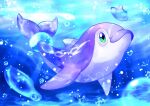  air_bubble animal_focus blurry bubble closed_mouth commentary_request finizen full_body green_eyes light_rays no_humans omega_takai pokemon pokemon_(creature) solo underwater 