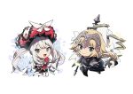  2girls armor blonde_hair bow braid chibi dress fate/apocrypha fate/grand_order fate_(series) faulds flower frilled_headwear gauntlets gloves grey_eyes grey_flower grey_hair grey_rose hat hat_bow headpiece highres holding jeanne_d&#039;arc_(fate) jeanne_d&#039;arc_(ruler)_(fate) long_hair marie_antoinette_(fate) multiple_girls no-kan open_mouth plackart red_gloves red_headwear sleeveless sleeveless_dress smile standard_bearer thigh-highs twintails white_flower white_thighhighs 