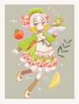  1girl apron blonde_hair blunt_bangs brown_socks cherry_tomato clipboard closed_mouth commentary_request dated dress food food-themed_clothes frilled_apron frills fruit full_body green_dress grey_background grey_hair holding holding_plate horns leaf lemon lemon_slice long_sleeves looking_at_viewer maid_headdress multicolored_hair original pen personification plate puffy_long_sleeves puffy_sleeves salad sandwich shoes short_hair shrimp socks solo sorata123 tomato white_apron white_footwear 