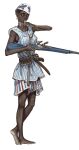  1girl absurdres ammunition_pouch antique_firearm barefoot belt biting black_hair bracelet caplock commentary dark-skinned_female dark_skin earrings firelock flintlock full_body gun hat highres holding holding_gun holding_weapon jewelry knife_sheath matchlock mossacannibalis musket original pouch scabbard sheath sheathed short_hair simple_background solo weapon white_background 