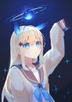  1girl absurdres animal_ears arm_at_side arm_up backlighting black_sailor_collar blonde_hair blue_background blue_eyes blue_neckerchief brooch cardigan commentary_request facing_viewer glowing glowing_ears hair_between_eyes hair_intakes hair_ornament highres jewelry kurobikari long_hair long_sleeves looking_up neckerchief open_cardigan open_clothes original parted_lips planet sailor_collar shirt sidelocks sleeves_past_fingers sleeves_past_wrists solo star_(symbol) star_brooch star_hair_ornament starry_background straight_hair upper_body white_shirt yellow_cardigan 