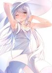  1girl armpits arms_up commentary_request cowboy_shot dress highres long_hair looking_at_viewer one_eye_closed original shiro_youduki simple_background solo sundress white_background white_hair white_headwear yellow_eyes 