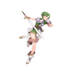  1girl armor attack breastplate dress earrings fee_(fire_emblem) fire_emblem fire_emblem:_genealogy_of_the_holy_war fire_emblem_heroes full_body green_dress headband holding holding_sword holding_weapon hoop_earrings jewelry knee_up official_art short_hair solo sword v-shaped_eyebrows very_short_hair weapon white_background white_footwear white_headband 