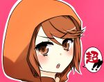  1girl blush brown_eyes brown_hair child commentary_request hood hood_up i.u.y kinuhata_saiai looking_at_viewer open_mouth orange_hood pink_background portrait short_hair simple_background solo speech_bubble teeth toaru_kagaku_no_railgun toaru_kagaku_no_railgun_s toaru_majutsu_no_index translation_request upper_teeth_only v-shaped_eyebrows 
