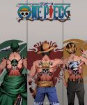  3boys artist_name back back_tattoo bandana black_hair black_pants blonde_hair chef_hat cigarette clenched_hand curly_eyebrows english_commentary green_hair hand_in_pocket hat highres holding instagram_logo jolly_roger logo male_focus maximdraws monkey_d._luffy mouth_hold multiple_boys one_piece pants roronoa_zoro sanji_(one_piece) sash short_hair skull_and_crossbones smoke straw_hat tattoo topless topless_male yellow_sash 