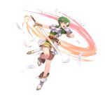  1girl armor attack breastplate dress earrings feathers fee_(fire_emblem) fire_emblem fire_emblem:_genealogy_of_the_holy_war fire_emblem_heroes full_body green_dress headband holding holding_sword holding_weapon hoop_earrings jewelry knee_up official_art open_mouth short_hair solo swinging sword v-shaped_eyebrows very_short_hair weapon white_background white_footwear white_headband 
