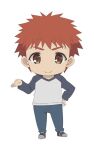  1boy blue_pants brown_eyes chibi closed_mouth emiya_shirou fate/kaleid_liner_prisma_illya fate_(series) long_sleeves multicolored_shirt official_art orange_hair pants photoshop_(medium) shirt shoes simple_background solo white_background 