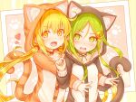  2girls animal_ears blonde_hair cat_ears cat_pajamas cat_tail collarbone crescent crescent_hair_ornament green_eyes green_hair hair_ornament heart highres kantai_collection long_hair multiple_girls nagatsuki_(kancolle) paw_print satsuki_(kancolle) sidelocks smile suzushiro_(gripen39) tail twintails yellow_eyes 