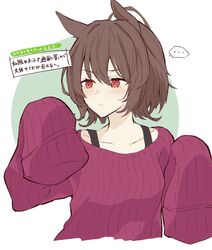  ... 1girl agnes_tachyon_(umamusume) blush closed_mouth collarbone commentary_request cropped_torso green_background hair_between_eyes highres long_sleeves purple_sweater red_eyes ri_cochet ribbed_sweater short_hair sleeves_past_fingers sleeves_past_wrists solo spoken_ellipsis sweater translation_request two-tone_background umamusume upper_body white_background 