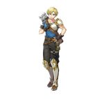  1boy bandaged_arm bandages blonde_hair blue_eyes brown_pants febail_(fire_emblem) fingerless_gloves fire_emblem fire_emblem:_genealogy_of_the_holy_war full_body gloves hand_on_own_chest headband looking_at_viewer official_art pants quiver single_shoulder_pad smile solo white_background white_headband 