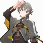  1boy alternate_costume caelus_(honkai:_star_rail) chinese_clothes closed_mouth english_text grey_hair honkai:_star_rail honkai_(series) long_sleeves looking_at_viewer open_hand rowya short_hair signature simple_background smile solo trailblazer_(honkai:_star_rail) upper_body white_background yellow_eyes 