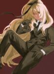  1girl babykatafan black_gloves black_jacket black_necktie black_pants black_ribbon blonde_hair celine_(fire_emblem) commentary fire_emblem fire_emblem_engage gloves grin hair_ribbon highres jacket long_hair long_sleeves looking_at_viewer necktie pants ribbon shirt smile solo very_long_hair white_shirt 