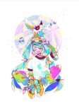  1girl ^_^ animal_on_head aqua-tinted_eyewewar aqua_eyes aqua_hair bird blue_gloves blush chatot chestnut_mouth closed_eyes commentary fingerless_gloves gloves green_gloves happy hatsune_miku highres kawasaki_(kwsk_8765) multicolored_clothes multicolored_gloves multicolored_pants musical_note on_head one_eye_closed open_mouth poke_ball pokemon project_voltage shirt simple_background spoken_musical_note twintails v vocaloid white_background white_shirt yellow_footwear yellow_gloves 