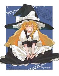  1girl amayadori-tei apron black_headwear black_skirt black_vest blonde_hair blush bow braid closed_eyes frilled_apron frills grin hat hat_bow highres kirisame_marisa long_hair puffy_short_sleeves puffy_sleeves short_sleeves single_braid skirt smile solo touhou vest white_apron white_bow witch_hat 