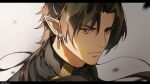  1boy arknights backlighting black_jacket brown_hair chong_yue_(arknights) commentary_request frown grey_background jacket kel_(kelpl000) letterboxed long_hair looking_at_viewer male_focus pointy_ears profile red_eyes serious shaded_face simple_background solo upper_body 