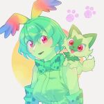  1girl animal_ears bare_shoulders bow bowtie cat cat_ears cat_tail cellval elbow_gloves gloves green_bow green_bowtie green_gloves green_hair green_shirt hauru_252 head_wings highres kemono_friends pokemon red_eyes shirt short_hair simple_background sleeveless sleeveless_shirt sprigatito tail wings 