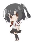  1girl black_hair black_skirt blush brown_footwear chibi closed_mouth commentary fate/kaleid_liner_prisma_illya fate_(series) full_body hair_between_eyes light_smile miniskirt miyu_edelfelt no_nose official_art pleated_skirt school_uniform shirt shoes simple_background skirt solo standing thigh-highs thighs white_background white_shirt zettai_ryouiki 