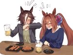  2girls animal_ears beer_mug black_jacket blue_shirt breasts brown_hair chopsticks closed_eyes cup daiwa_scarlet_(umamusume) drinking fang flying_sweatdrops food green_shirt hair_intakes hair_over_one_eye highres holding holding_cup horse_ears jacket laughing long_hair long_sleeves medium_breasts motsunabe_(mo2nap3) mug multiple_girls notice_lines open_mouth plate shirt skin_fang small_breasts table twintails umamusume v-shaped_eyebrows vodka_(umamusume) white_background wiping_mouth 