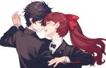  1boy 1girl absurdres blush closed_eyes couple dancing face-to-face facing_another hair_ribbon highres holding_hands long_hair long_sleeves open_mouth parted_lips persona persona_5 persona_5_the_royal ponytail redhead ribbon smile teeth tsubsa_syaoin upper_body upper_teeth_only yoshizawa_kasumi 
