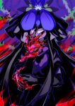  1girl black_gloves dress elbow_gloves fire flower flower_on_head gloves hand_up highres kamabokopic long_hair multicolored_background orchid plant purple_dress smile solo touhou unfinished_dream_of_all_living_ghost vines violet_eyes yomotsu_hisami 