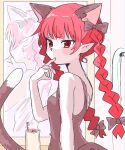  1girl absurdres alternate_costume animal_ears black_bow blunt_bangs bow braid casual cat_ears cat_girl cat_tail commentary_request finger_to_mouth hair_bow highres kaenbyou_rin kashiwara_mana long_hair looking_at_viewer mirror nekomata pointy_ears red_eyes reflection side_braids solo tail toothbrush touhou twin_braids upper_body 