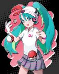  1girl :d absurdres aqua_eyes beanie bracelet collared_shirt commentary_request cowboy_shot eyelashes gloves green_hair grey_skirt happy hat hatsune_miku headphones highres jewelry long_hair open_mouth pleated_skirt poke_ball poke_ball_(basic) pokemon project_voltage shiomipon shirt single_glove skirt smile twintails vocaloid white_gloves white_headwear white_shirt 