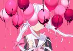  1girl balloon black_shirt bow chocolate_syrup closed_mouth commentary_request covered_eyes curled_fingers facing_viewer floating_hair hair_bow hair_intakes hand_up highres kurobikari long_hair long_sleeves low-tied_long_hair low_twintails neckerchief original pink_background pink_bow pink_neckerchief pink_theme sailor_collar shirt sleeves_past_wrists smile solo straight-on twintails upper_body white_hair white_sailor_collar 