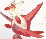  akadako animal_focus bags_under_eyes bright_pupils claws commentary full_body grey_background grey_outline hands_up latias looking_to_the_side no_humans one-hour_drawing_challenge open_mouth pokemon pokemon_(creature) solo triangle white_pupils yellow_eyes 