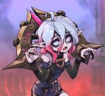  1girl ahoge bags_under_eyes belt black_belt briar_(league_of_legends) colored_sclera detached_sleeves english_commentary fingernails gradient_hair grey_hair hair_between_eyes league_of_legends long_hair looking_at_viewer multicolored_hair no_pupils phantom_ix_row pink_hair pointy_ears red_sclera sharp_fingernails sharp_teeth sidelocks solo teeth two-tone_hair upper_body upper_teeth_only vampire white_eyes wrist_cuffs 
