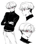  1boy belt black_belt black_hair black_shirt blush charisma_house closed_mouth crossed_arms facing_to_the_side glasses highres kusanagi_rikai looking_at_viewer male_focus monochrome multicolored_hair pants parted_lips red_eyes shirt solo teeth turtleneck ukisi white_background white_hair white_pants 