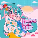  1girl aqua_eyes aqua_hair blue_eyes blue_hair blue_nails blush bow commentary english_commentary floral_print flower hair_between_eyes hair_bow hair_flower hair_ornament happy_new_year hatsune_miku highres japanese_clothes kimono long_hair looking_at_viewer open_mouth own_hands_together smile solo striped striped_bow sugarmonaka twintails very_long_hair vocaloid white_bow 