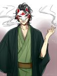  1boy black_hair character_request cigarette commentary_request copyright_request covered_eyes facing_viewer fox_mask green_kimono hagiwara_daisuke hand_up holding holding_cigarette japanese_clothes kimono long_sleeves lower_teeth_only male_focus mask open_mouth smoke solo teeth upper_body 