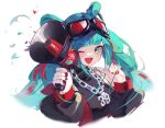 1girl 39 ;d absurdres aqua_eyes aqua_hair bare_shoulders black_jacket black_shirt chain commentary cropped_torso goggles goggles_on_head hatsune_miku heart highres holding holding_megaphone jacket long_hair long_sleeves looking_at_viewer magical_mirai_(vocaloid) magical_mirai_miku magical_mirai_miku_(2023) megaphone nail_polish one_eye_closed open_clothes open_jacket puffy_long_sleeves puffy_sleeves red_nails shirt simple_background sleeveless sleeveless_shirt smile solo twintails upper_body very_long_hair vocaloid wang_man white_background 